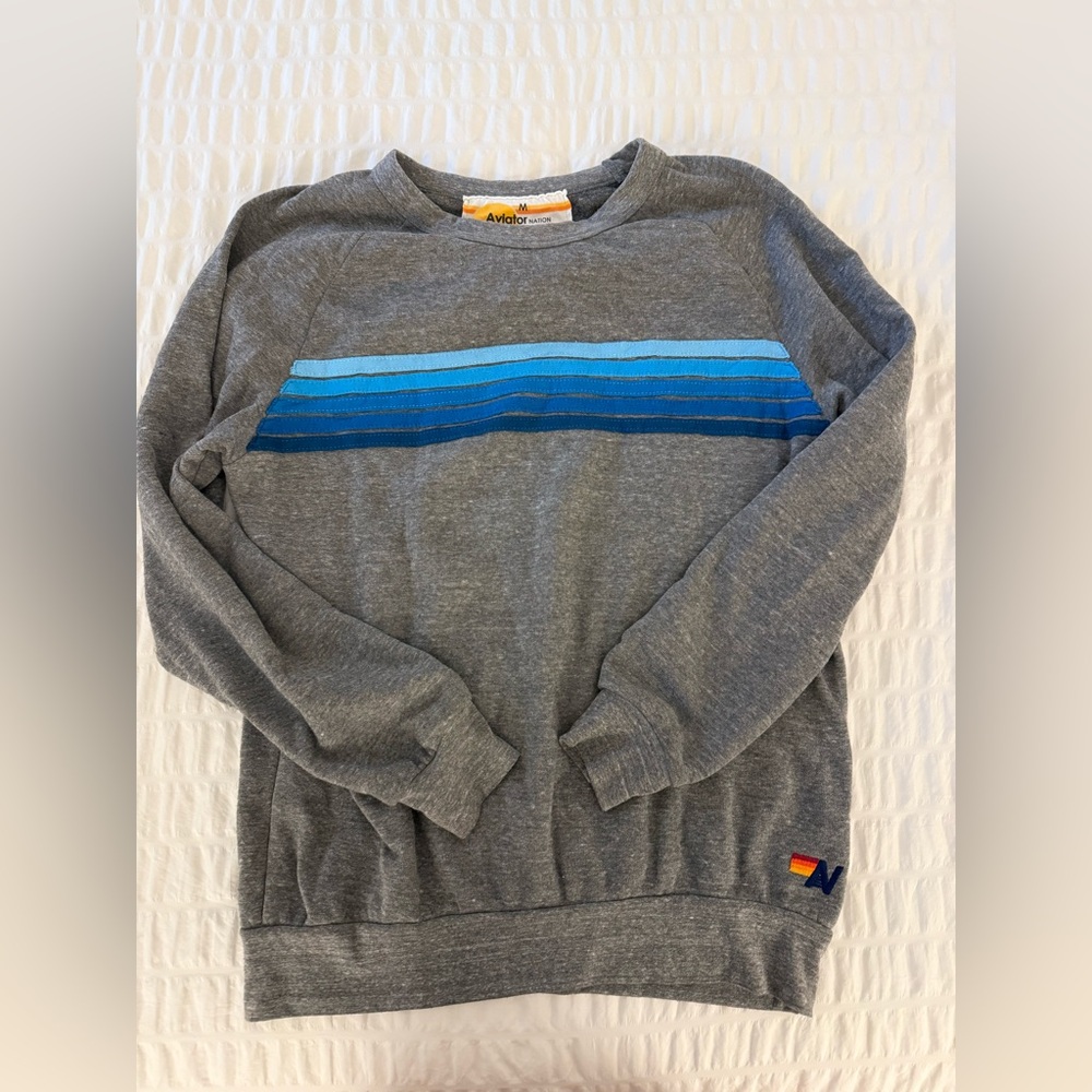 Aviator Nation Sweatshirt - 5 Stripe Collection - Grey with Blue Stripes